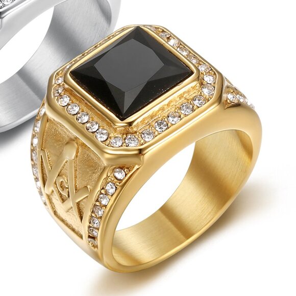 3/$35 Black Onyx Signet Titanium Ring for Men Gold Plated Band Cubic Zirconia CZ - Picture 5 of 5
